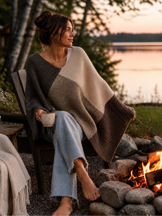Honeybea Sweaters - Honeybea Handmade Patchwork Knit Poncho Wrap Upcycled OOAK Boho Fireside Layer